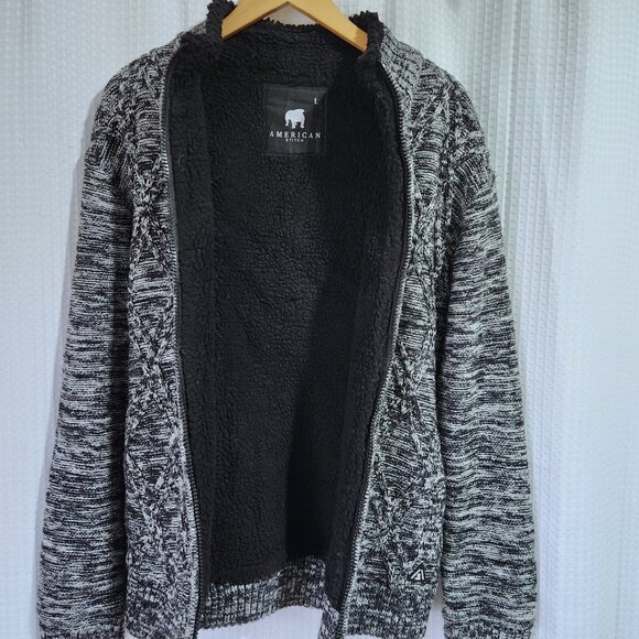 American Stitch Sweater Jacket Large Sherpa Lined Full Zip Black and White Knit - Picture 11 of 11